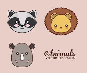 Cute animal design represented by kawaii lion, raccoon and rhino icon. Colorfull and flat illustration. 