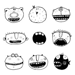 Hand drawn Doodle Outline Cartoon Monster Faces with Teeth Fun Collection