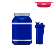 Can of protein or gainer powder with shaker isolated on white background