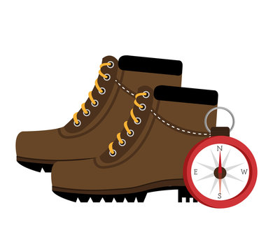 camping boots shoes with compass  isolated icon design, vector illustration  graphic 