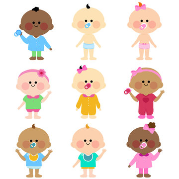 Diverse group of cute babies. Vector illustration set