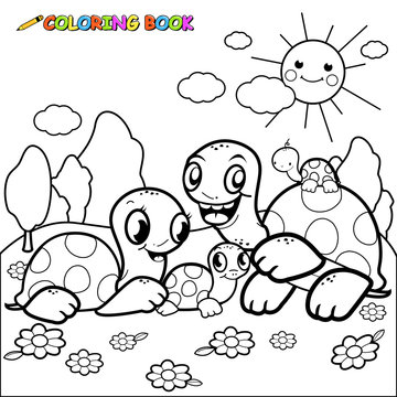 Cute turtles in the garden. Vector black and white coloring page
