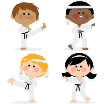 Group of children karate athletes in martial arts uniforms. Vector illustration