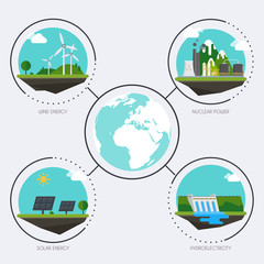 Set of icons with different types of electricity generation. Lan