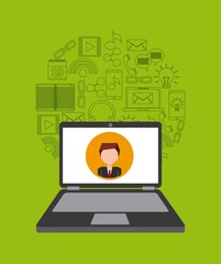 Laptop and icon set. Social media design. Vector graphic