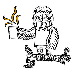 Owl with coffee cup