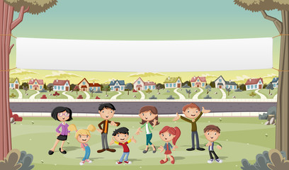 Banner over cartoon family in suburb neighborhood. Green park landscape with grass, trees, and houses.
