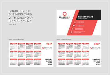 Fototapeta na wymiar Double-sided business card template with calendar for 2017 year. Week starts Monday. Week starts Sunday. Landscape orientation. Vector Illustration
