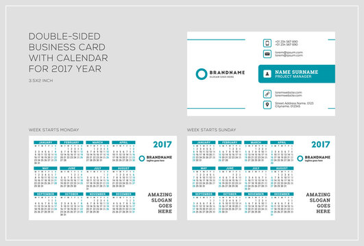 Double-sided business card template with calendar for 2017 year. Week starts Monday. Week starts Sunday. Landscape orientation. Vector Illustration