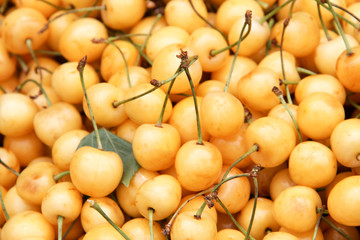 yellow cherry as background for sale on the market counter