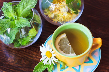 Tea set on the wooden background