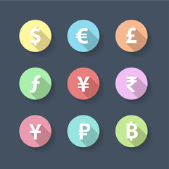 Currency Symbols long shadow icon flat design