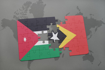 puzzle with the national flag of jordan and east timor on a world map background.