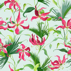 Tropical Leaves and Flowers Background. Seamless Pattern in Vector