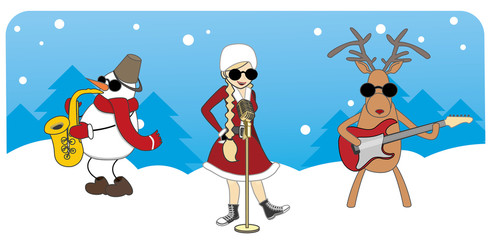 cartoon Christmas card. girl, snowman and reindeer on a blue bac