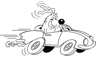 Black and white illustration of a dog driving a car.