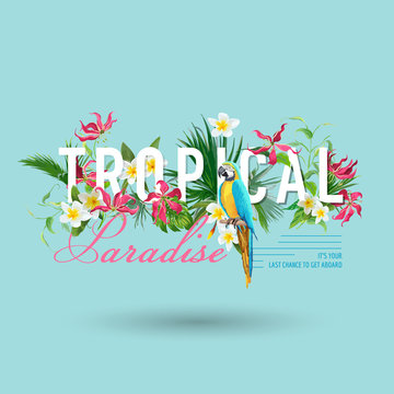 Tropical Bird and Flowers Graphic Design - for t-shirt, fashion