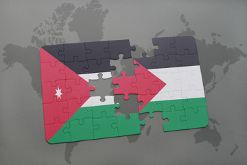 puzzle with the national flag of jordan and palestine on a world map background.