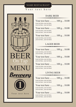 draft beer menu with price list and picture barrel with a tap