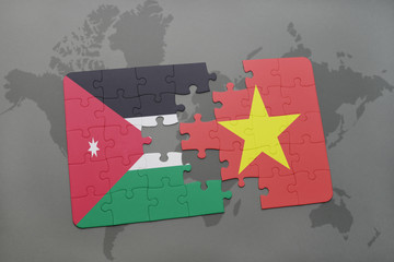 puzzle with the national flag of jordan and vietnam on a world map background.