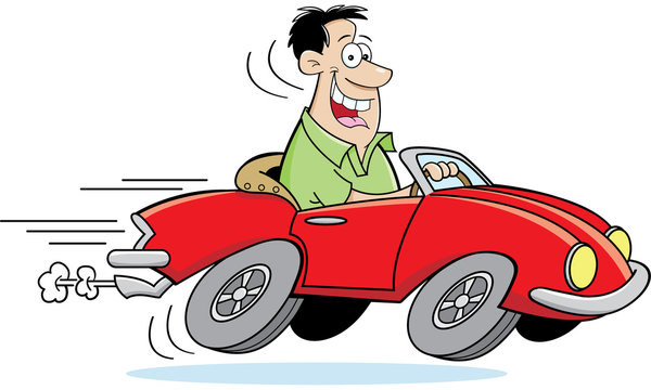 Cartoon illustration of a man driving a car.