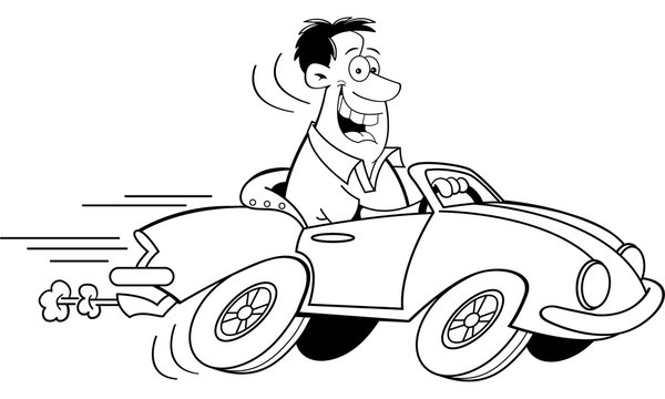Black and white illustration of a man driving a car.