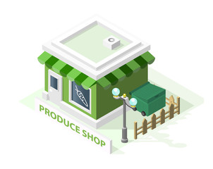 Isometric High Quality City Element with 45 Degrees Shadows on White Background. Produce Shop