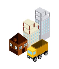 building house truck icon. Isometric design. Vector graphic
