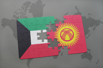 puzzle with the national flag of kuwait and kyrgyzstan on a world map background.