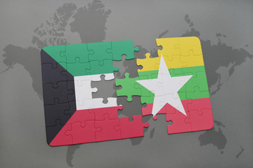 puzzle with the national flag of kuwait and myanmar on a world map background.