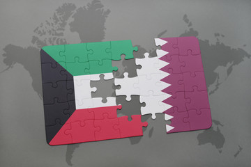 puzzle with the national flag of kuwait and qatar on a world map background.