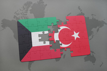 puzzle with the national flag of kuwait and turkey on a world map background.