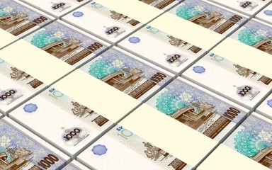Uzbekistan sums bills stacks background. 3D illustration.