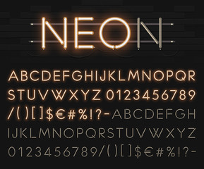 Realistic neon alphabet on a background of black brick wall. Bright glowing font. Vector format - obrazy, fototapety, plakaty