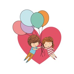 Couple of kids cartoon heart and balloons icon. Vector graphic