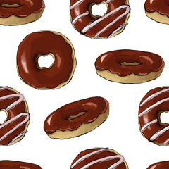 Glazed colored donuts seamless pattern. Raster Illustration