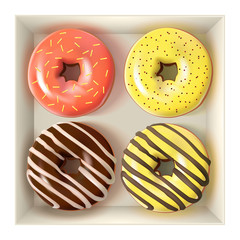 Glazed colored donuts set in the box 3D. Vector Illustration
