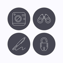 Photo, open lock and search icons.