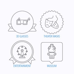 Museum, ferris wheel and theater masks icons.