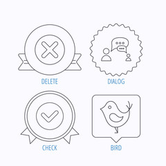 Delete, check and chat speech bubble icons.