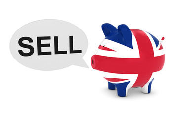 UK Flag Piggy Bank with Sell Text Speech Bubble 3D Illustration