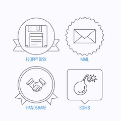 Mail, bomb and handshake icons.