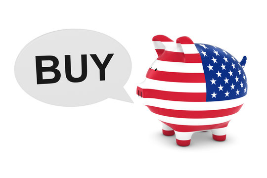 US Flag Piggy Bank with Buy Text Speech Bubble 3D Illustration