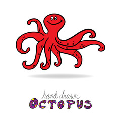 Hand drawn cute octopus vector with big eyes and happy smile, fun cartoon octopus drawing