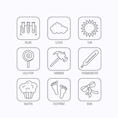 Footprint, lab bulbs and thermometer icons.