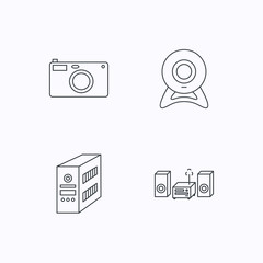 Photo camera, pc case and music center icons.