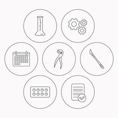 Lab beaker, tablets and dental pliers icons.