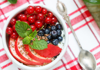 Healthy Breakfast. Cottage cheese with fruit, berries, flax seed