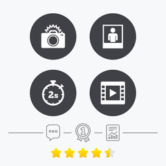 Photo camera icon. Flash light and video frame.