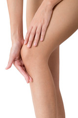 woman holding her beautiful healthy long leg with massaging knee in pain area, Isolated on white background.
